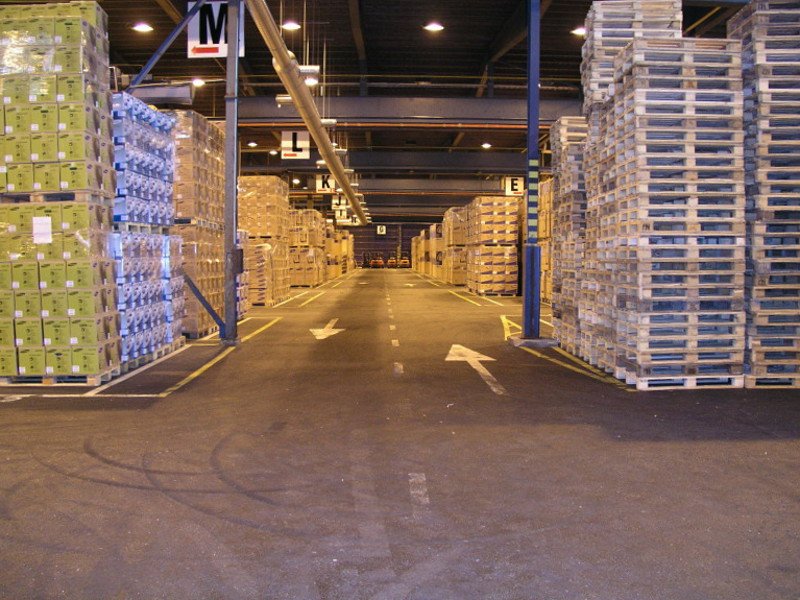 Warehouse racking holding palletised stock